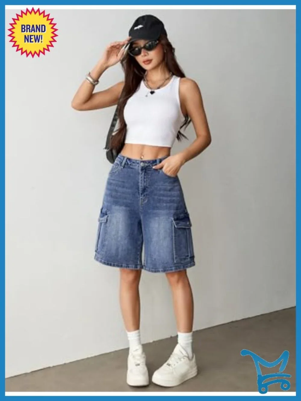 Baggy Bermuda Cargo Jorts Y2K Knee Length Stretchy Denim Jean Shorts with 6